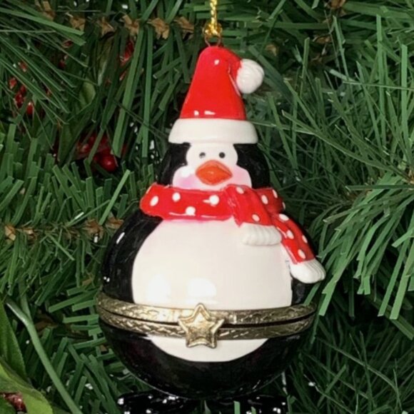 Penguin with Santa Hat Scarf Porcelain Hinged Trinket Box Christmas Ornament - Picture 1 of 5